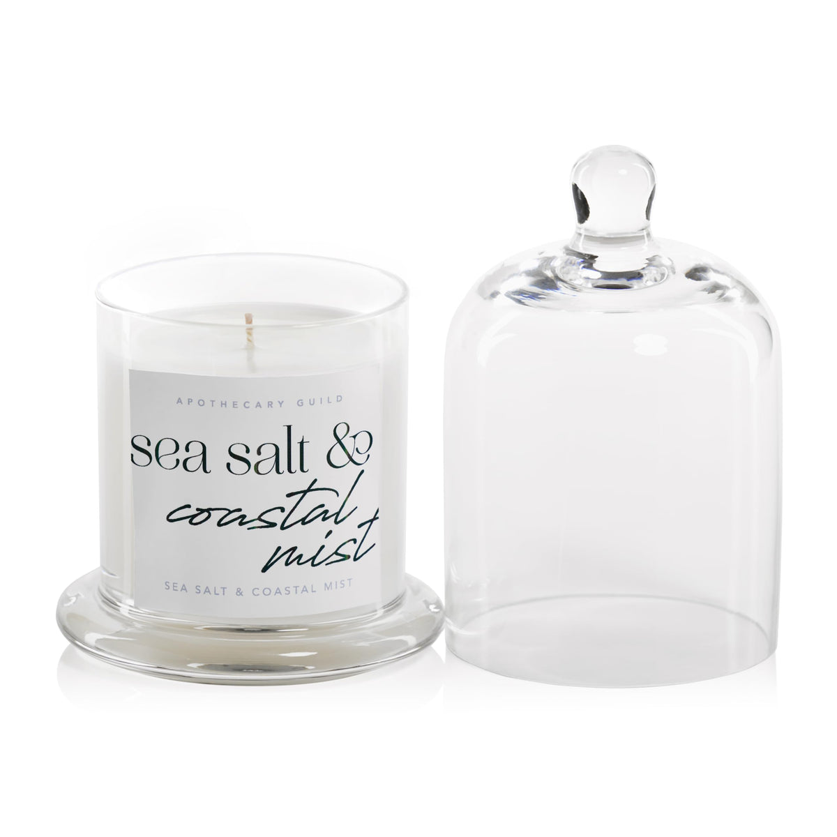 Zodax Apothecary Guild Scented Jar Candle with Glass Cloche, 10.19 oz- Sea Salt & Coastal Mist