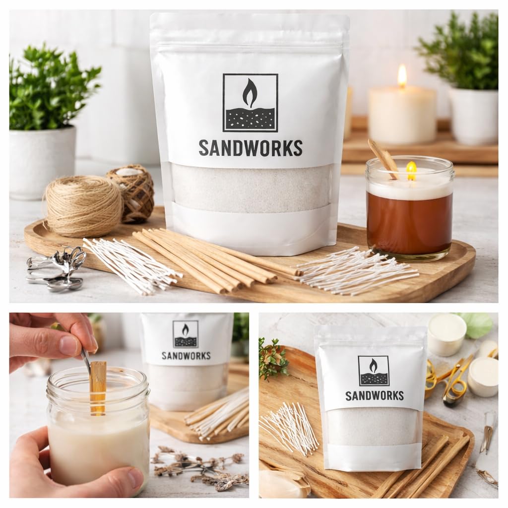 SANDWORKS Sand Wax Candle Making Kit – 5 Wooden Wicks & 15 Cotton Wicks, 500 g Premium Fragrance-Free Sand Wax (Ember Red)