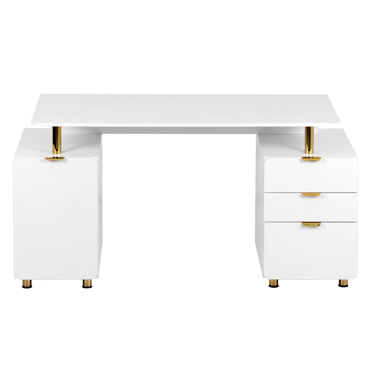 Elegant 57" W Executive Desk with 3 Drawers and Storage Cabinet, Modern Office Desk with Gold Accents, Floating Work Surface, Closed Storage with Ventilation & Adjustable Shelf (White,Gold)
