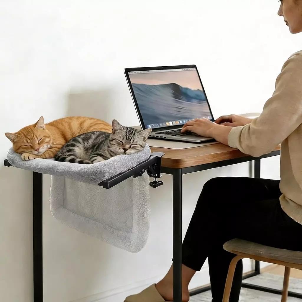 GREENSINDOOR Cat Desk Bed - One-Click Folding,Heavy Duty Cat Hammock Perch for Desk Holds up to 40 lbs, Soft Faux Rabbit Fur Material, Suitable for Various Desktops-Removable & Washable,21"x17", Gray
