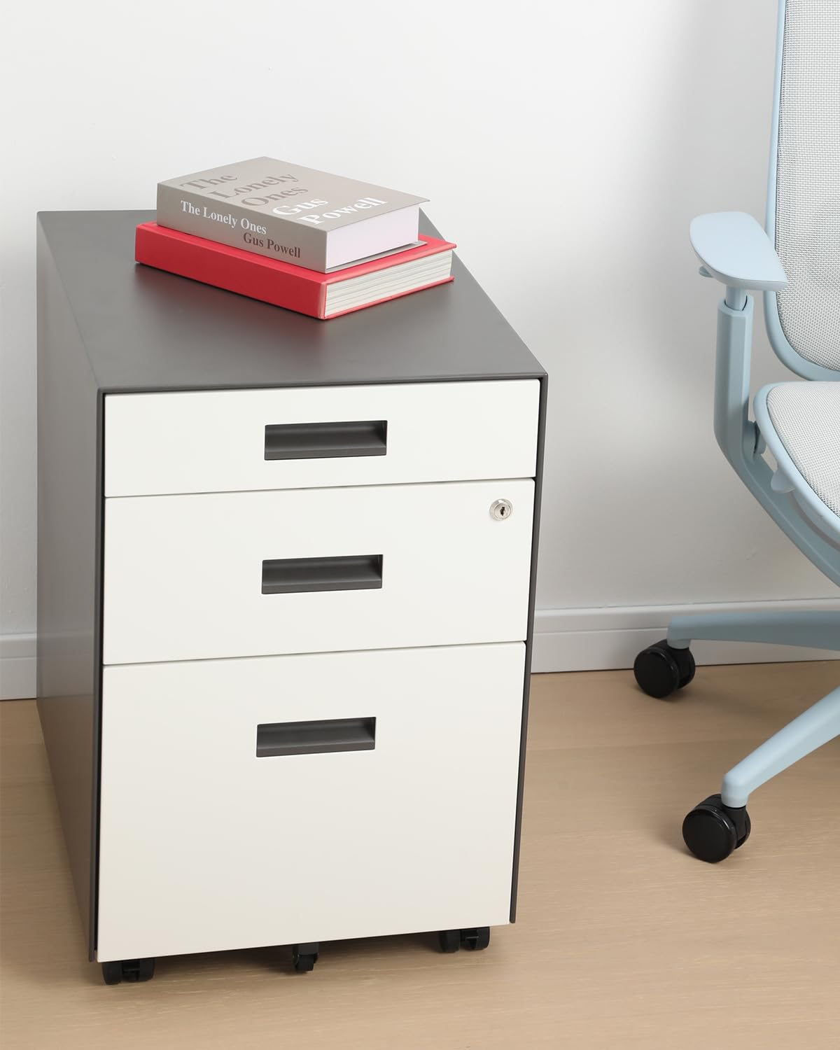 YEB Comfort 3 Drawer File Cabinet with Lock - Under Desk Metal Filing Cabinet, Legal/Letter File Folders, Wheels, Fully Assembled, White/Gray