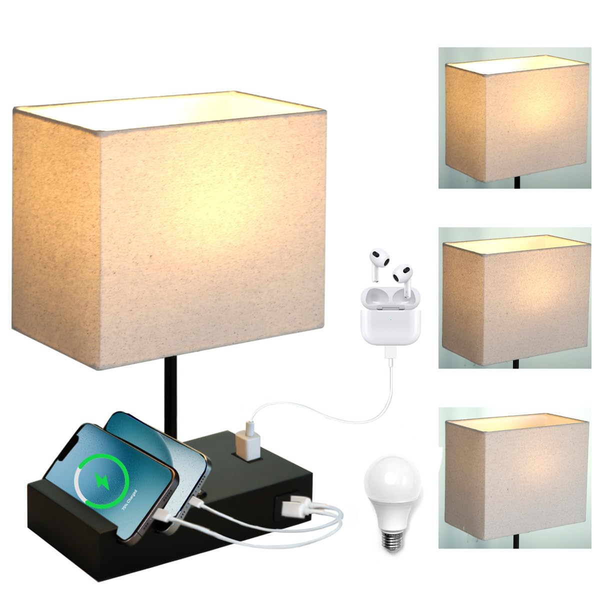 HoperBriwght Touch Nightstand Lamp with USB C Port for Bedroom, Bedside Lamps with Charging Station, Small Table Lamp with Charging Outlets and Phone Stands Bulb Included (Black)