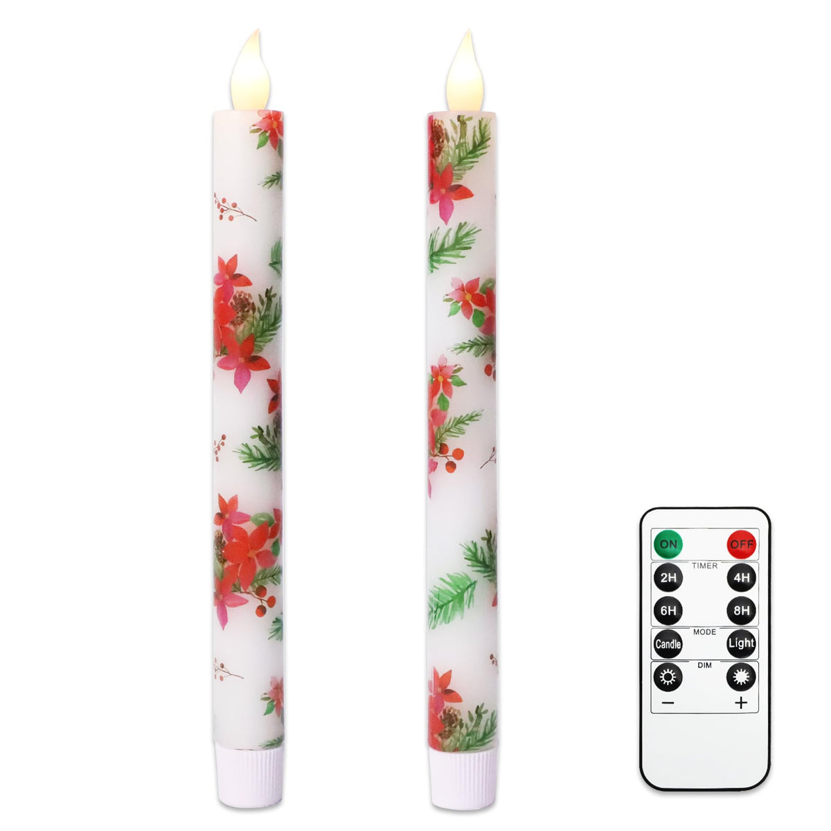 Holitown Christmas Flameless Taper Candles 2 Pack Christmas Poinsettia Flowers Battery Operated Candle with Remote Real Wax Flickering LED Fake Candle Home Decor for Xmas New Year Wedding Party