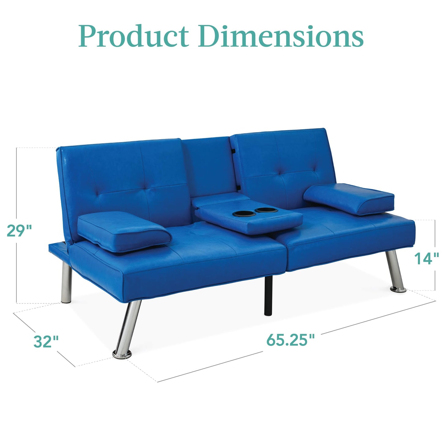 Best Choice Products Faux Leather Upholstered Modern Convertible Futon, Adjustable Folding Sofa Bed, Guest Bed w/Removable Armrests - Royal Blue