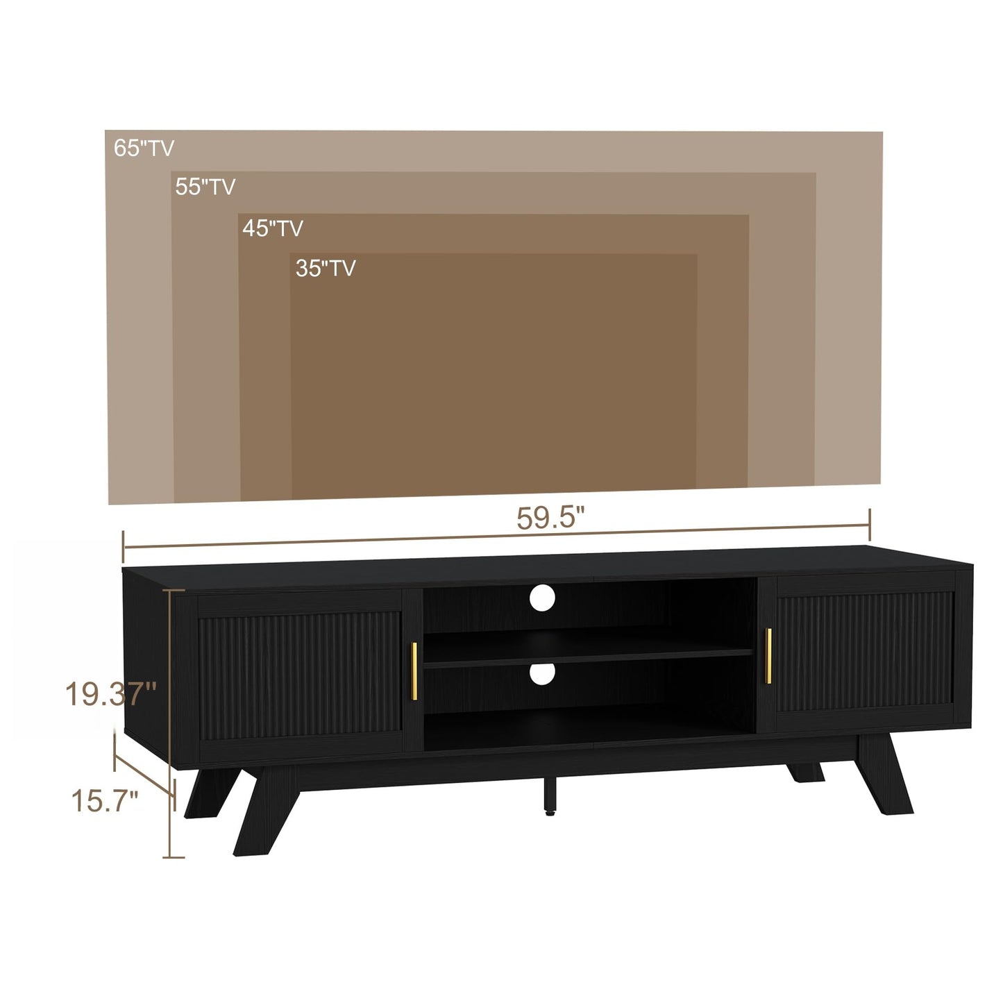 ChooChoo 59.5" Fluted TV Stands for 65 Inch TV, Mid Century Modern Entertainment Center with Storage and Adjustable Shelf, Long TV Console Media Table for Living Room, Bedroom, Black