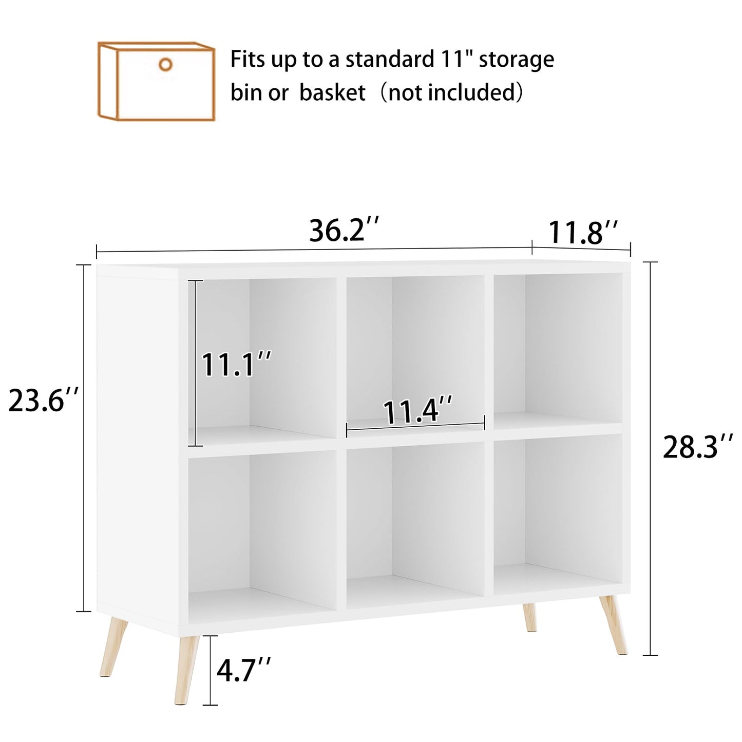 Flrrtenv 6 Cube Storage Organizer, Wood Bookcase with Legs, Modern Freestanding Cubby Shelving Unit, White Book Shelf Toy Storage Cabinet for Bedroom, Living Room, Kids Room, Fits 11 Inch Bins