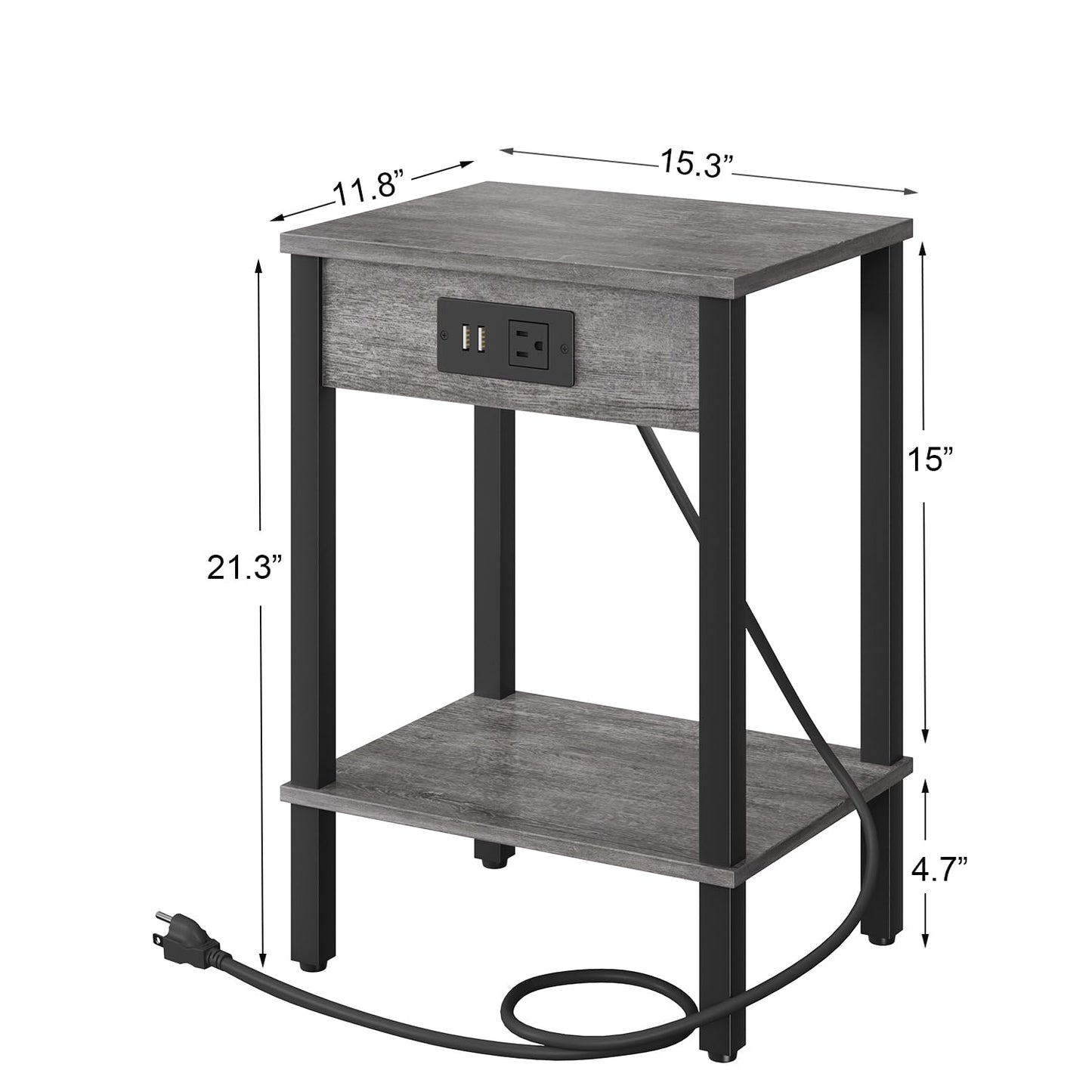 VIMBER Side Table with Charging Station, Set of 2 End Tables with USB Port and Outlets, Nightstands with 2-Tier Storage Shelves, Sofa Table for Small Space, Living Room, Bedroom, Grey 102H2