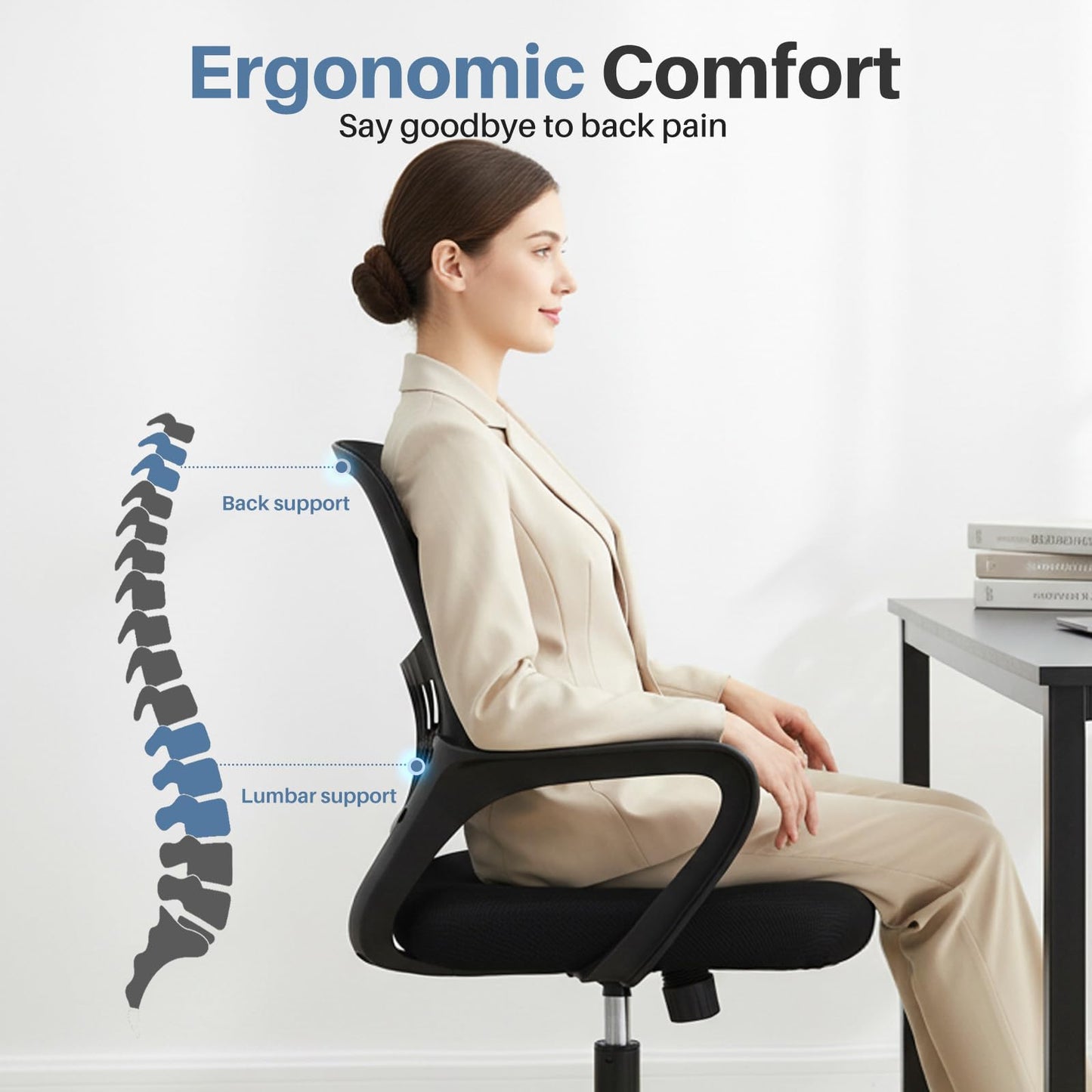DUMOS Home Office Chair - Ergonomic Mid Back Mesh Desk Chair with Lumbar Support & Rocking Mode, Height Adjustable, Fixed Armrest, for Conference, Computer, 360° Swivel, Adults, Black