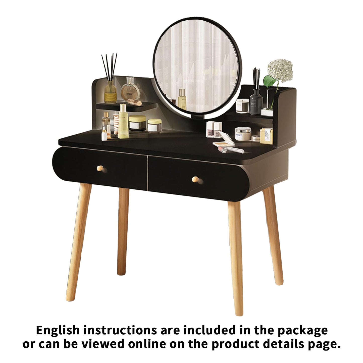 YEYGRIEM Makeup Vanity Table Set with Mirror, Medium Density Fiberboard Modern Makeup Vanity Dressing Desk with 2 Drawers and 2 Shelves, 31.5"(L)*15.7"(W)*47.2"(H), Black (Without Stool)
