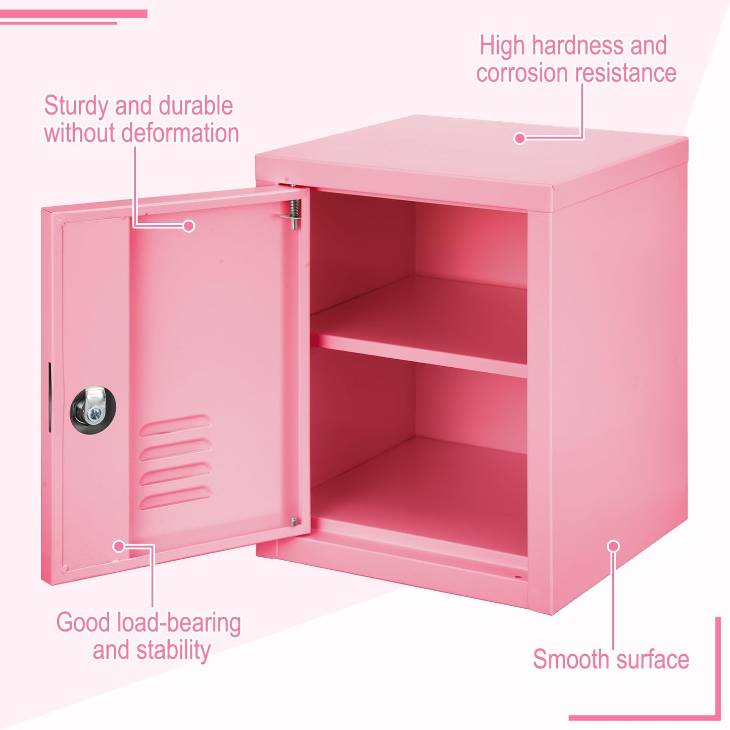 Suzile Lockable Storage Cabinet Metal Lockable Steel Storage Cabinet Organizer Lockers for Employees Vertical Metal Cabinets End Side Table Steel Bedside with Shelf (Pink)
