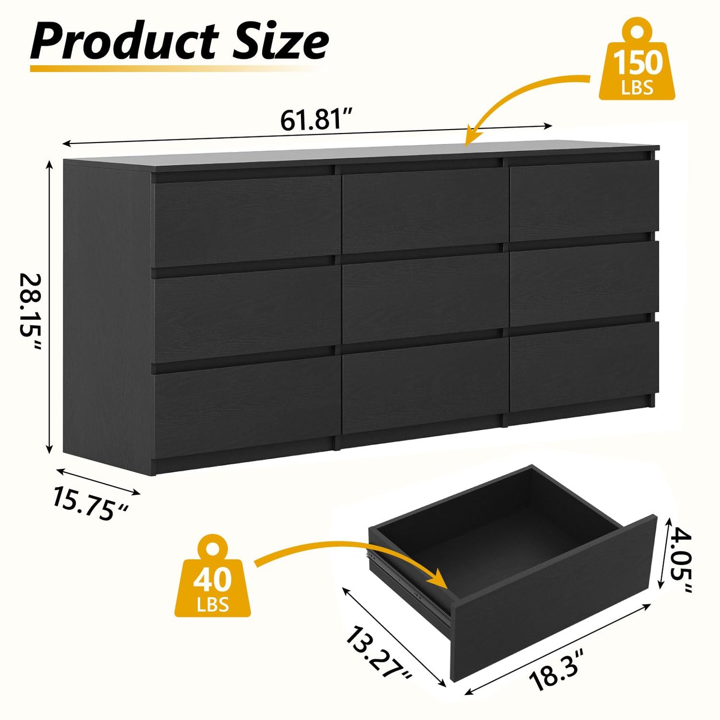 Angel Sar 62'' Black Dresser for Bedroom, Modern 9 Drawer Wood Dresser with Handle-Free Design & Thick Panel, Minimalist Storage Cabinet for Clothes, Entryway Use