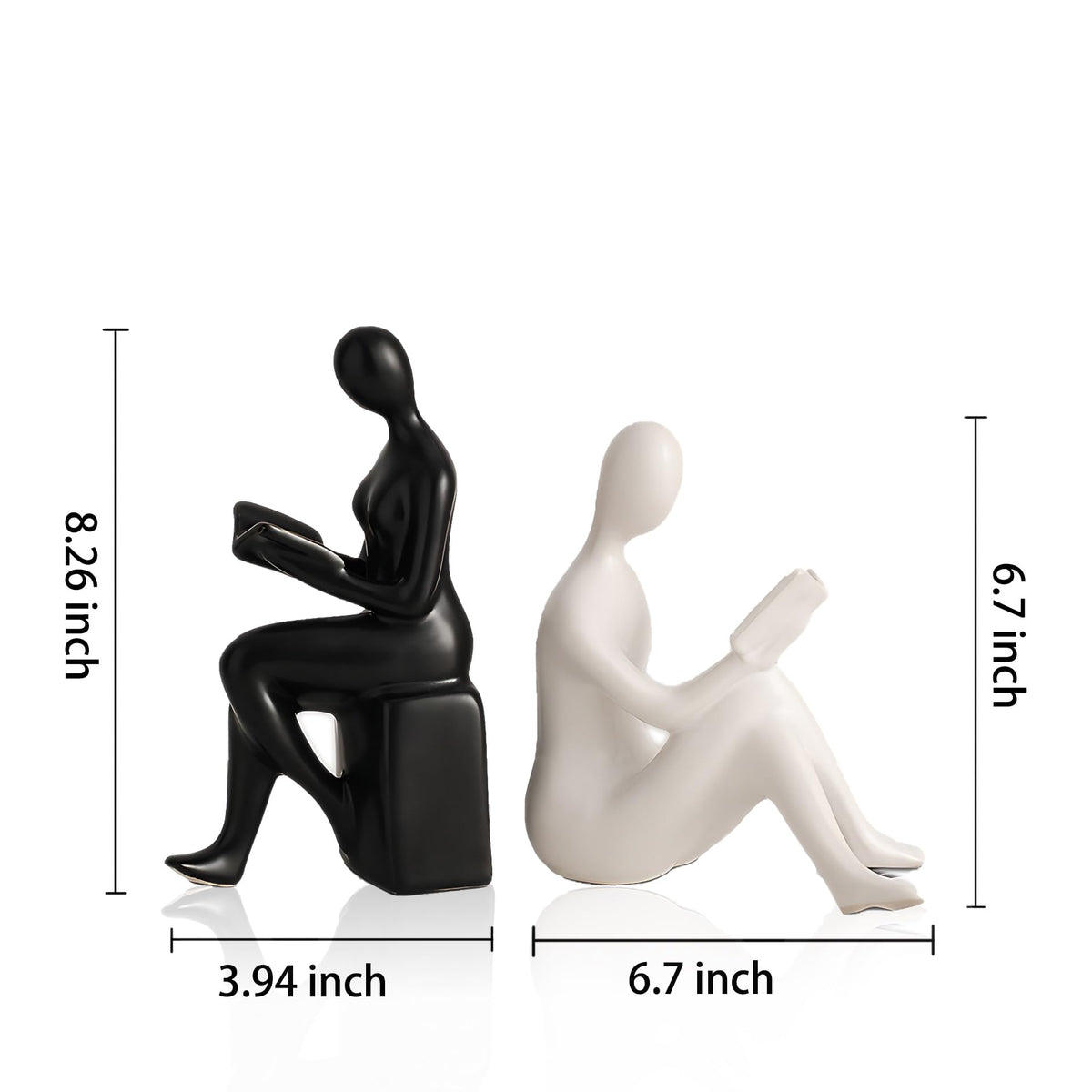 Modern Decorative Ceramic Reading Figure Bookends, Contemporary Minimalist Book Holders for Shelves, Office Home Library Decor (Black+ White)