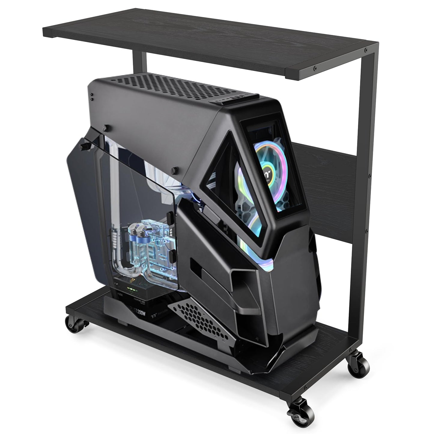 360Tronics Computer Tower Stand, C-Shape Large PC Stand Gaming Computer ATX-Case Storage, 2-Tier Mobile CPU Holder Cart Laptop Standing Table with Rolling Wheels for Home, Office, Black