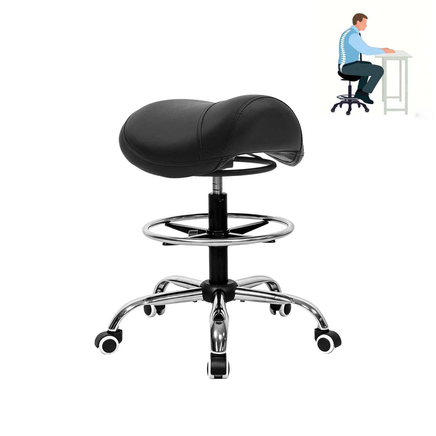 Ergonomic Salon Stool, Black Rolling Saddle Chair with Footrest, Height Adjustable Swivel Seat with Wheels for Hairdresser, Barber, Tattoo Artist, Spa