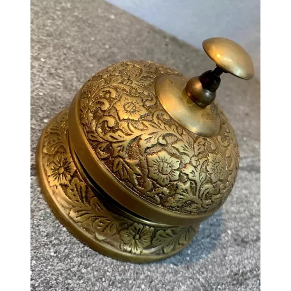 Vintage Style Brass Service Bell, Ornate Floral Pattern, Hotel Reception Counter Desk Bell, Antique Bronze Finish