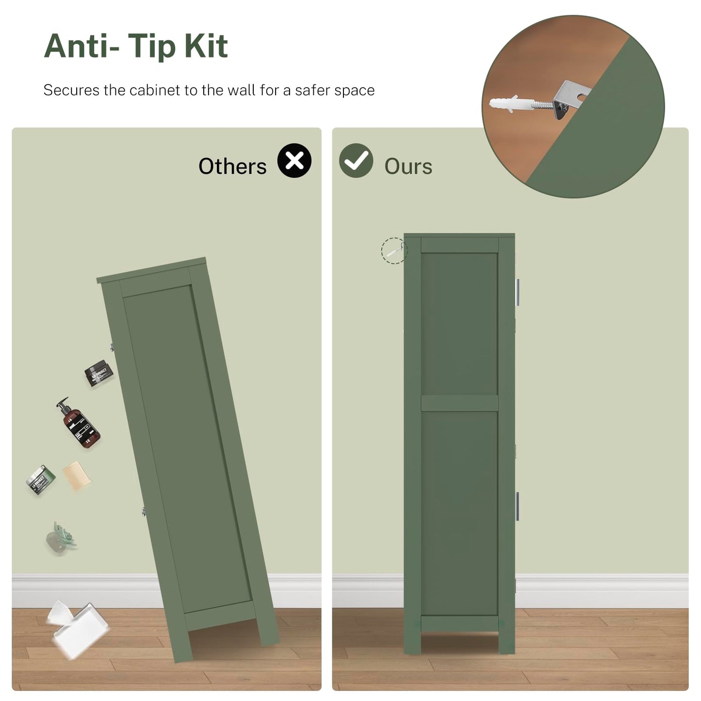 TEENFON Bathroom Floor Storage Cabinet with Adjustable Shelf, Freestanding Storage Cabinet with 4 Doors, Cupboard for Living Room, Home Office, Entryway, Forest Green