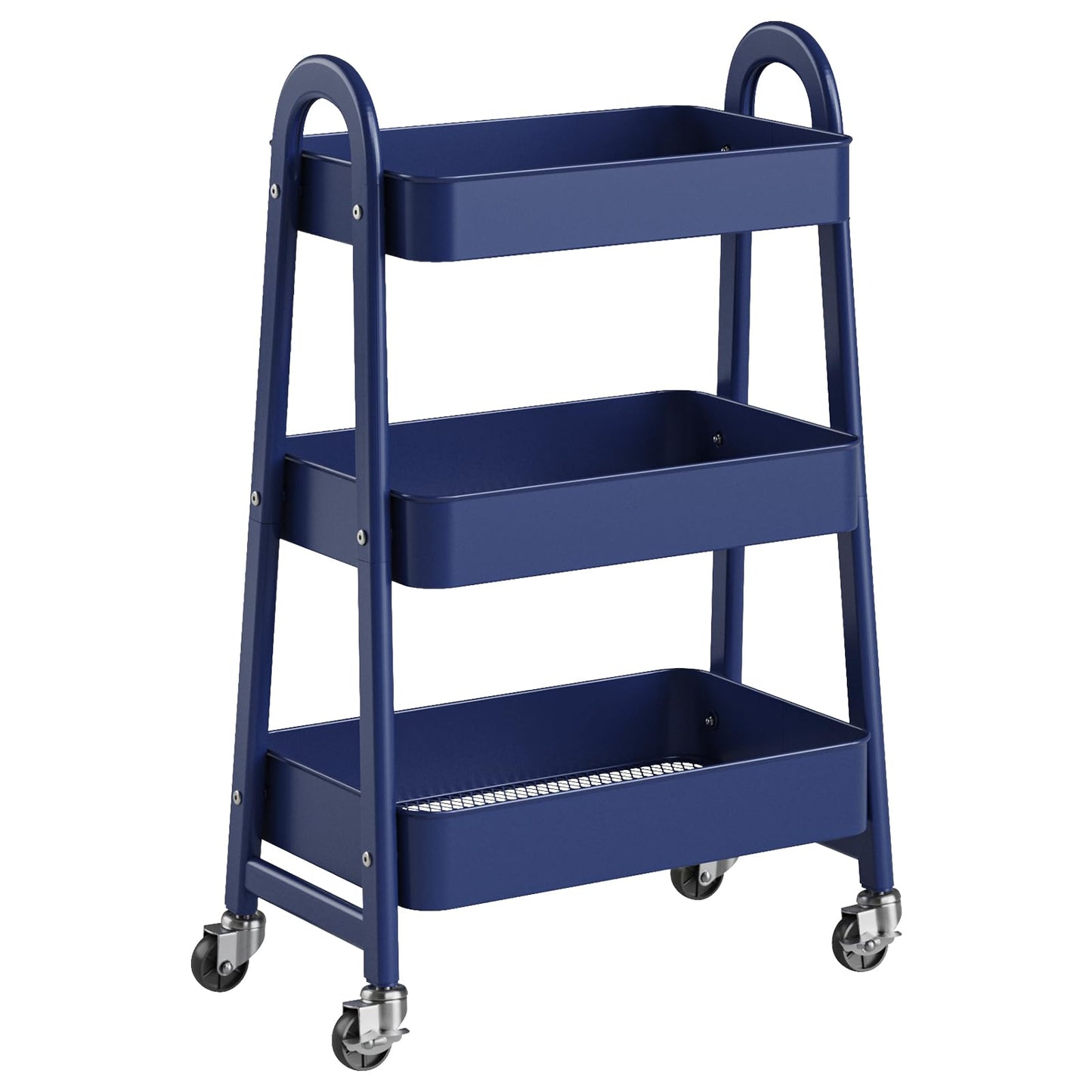NEWBULIG 3-Tier Metal Rolling Cart with Lockable Wheels, Heavy Duty Mobile Utility Storage Shelf, Roller Book Snack Cart, Organization for Livingroom, Bathroom, Office, Blue