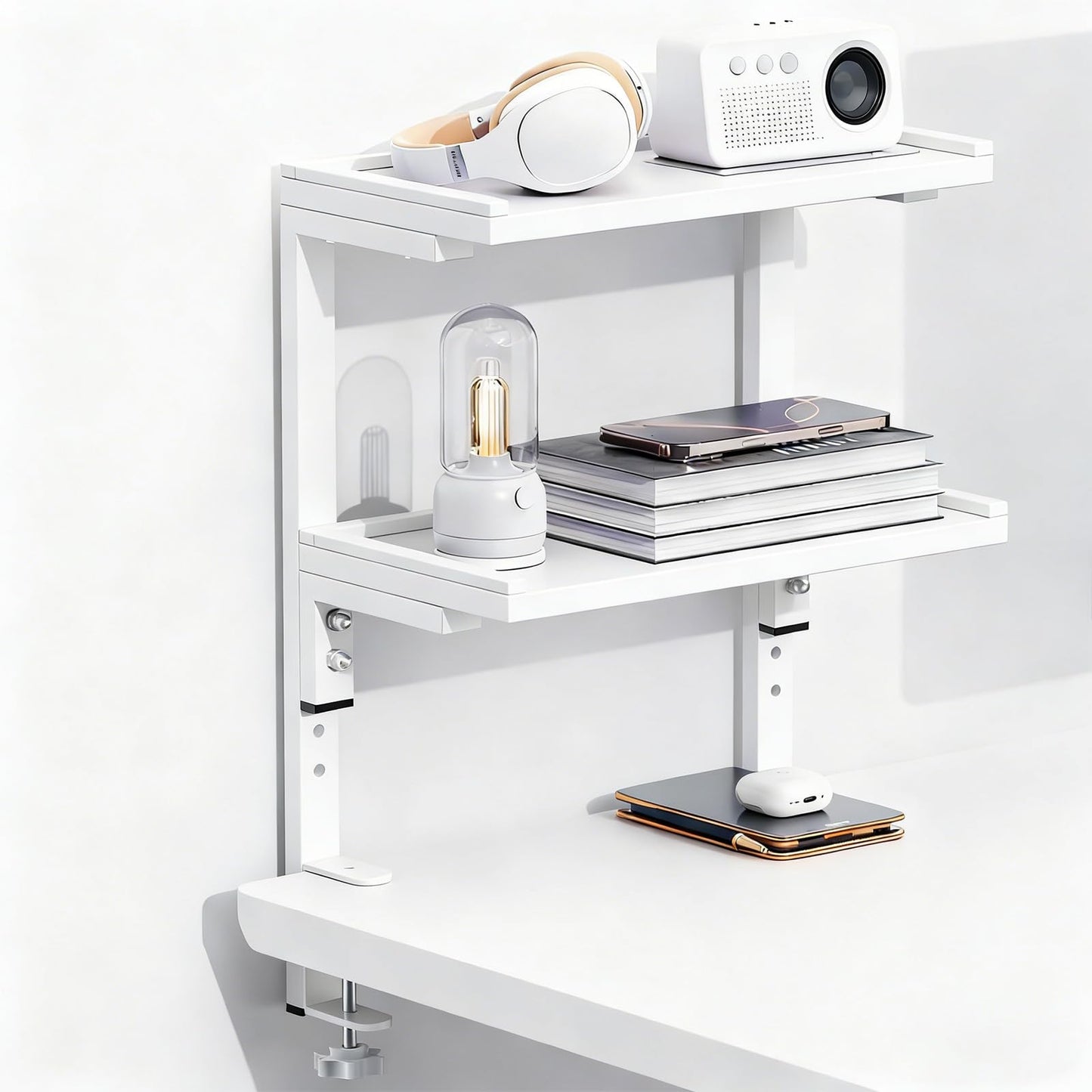 Spacrea clamp on Desk Shelf, 2 Tier Office Desk Shelves Organizer, Wood Desktop Supplies Storage Rack, Desk Organizers and Accessories (White)
