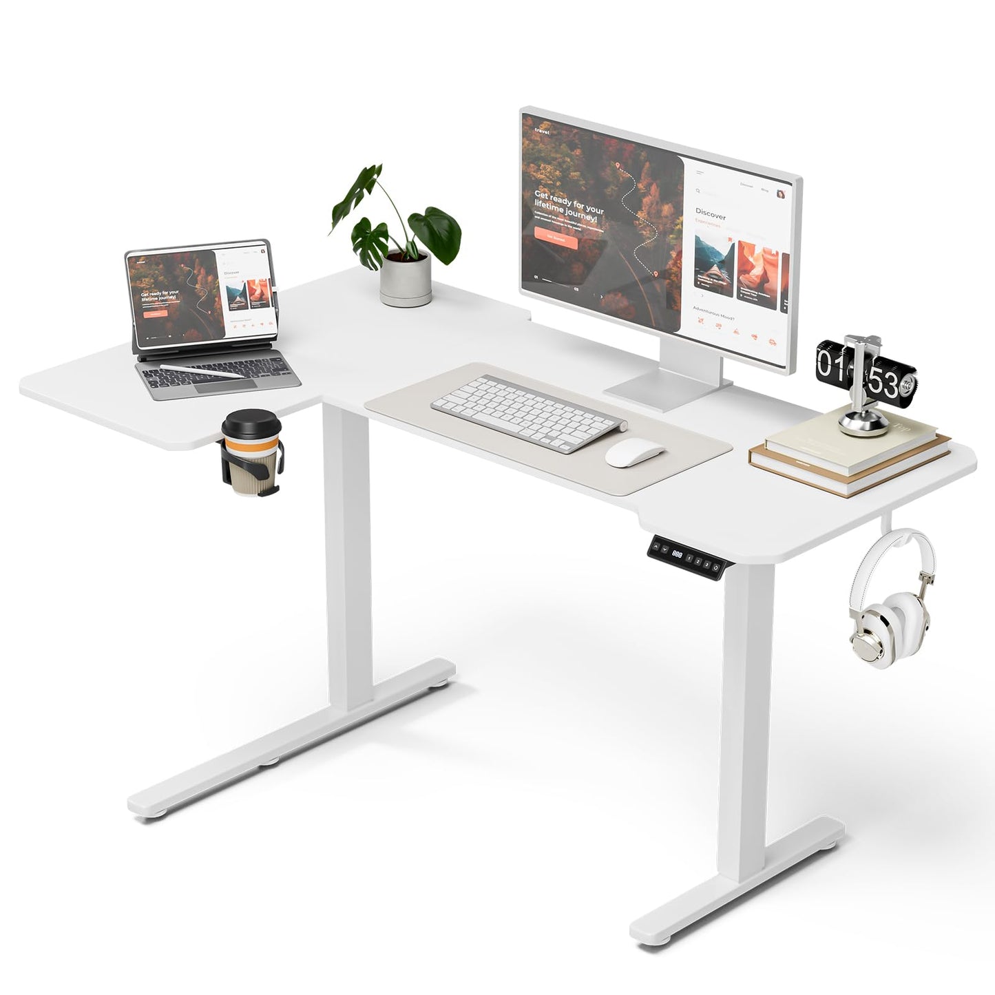Acrolix L Shaped Electric Standing Desk - 51x31.5 Inch Reversible Corner Sit Stand Desk with Hook&Cup Holder,Electric Height Adjustable Table,for Small Home Office&Bedroom Computer Desk, White