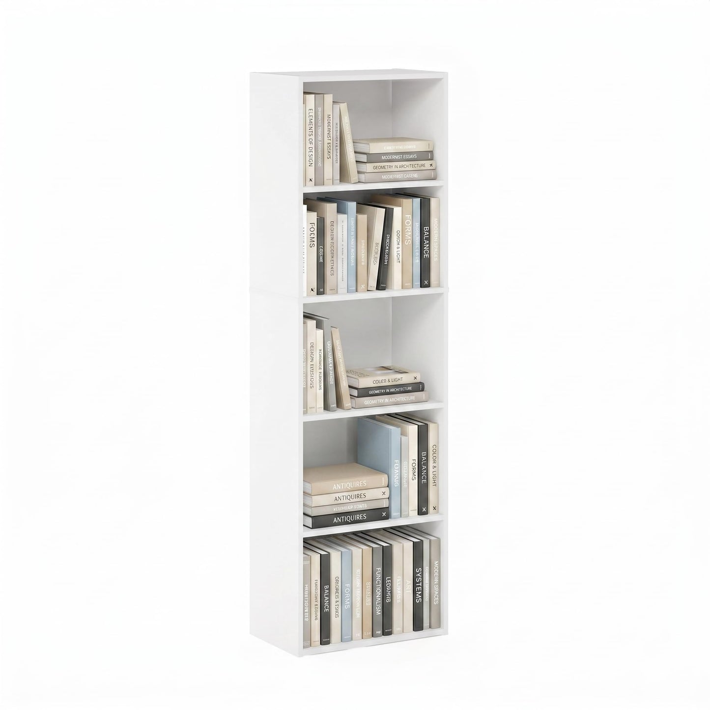 Furinno PASIR Book Shelf, 5-Tier Modern Bookshelf, Open Shelves Bookcase 9 x 12 x 52, Easy Assembly, for Living Room, Bedroom, Home Office, White