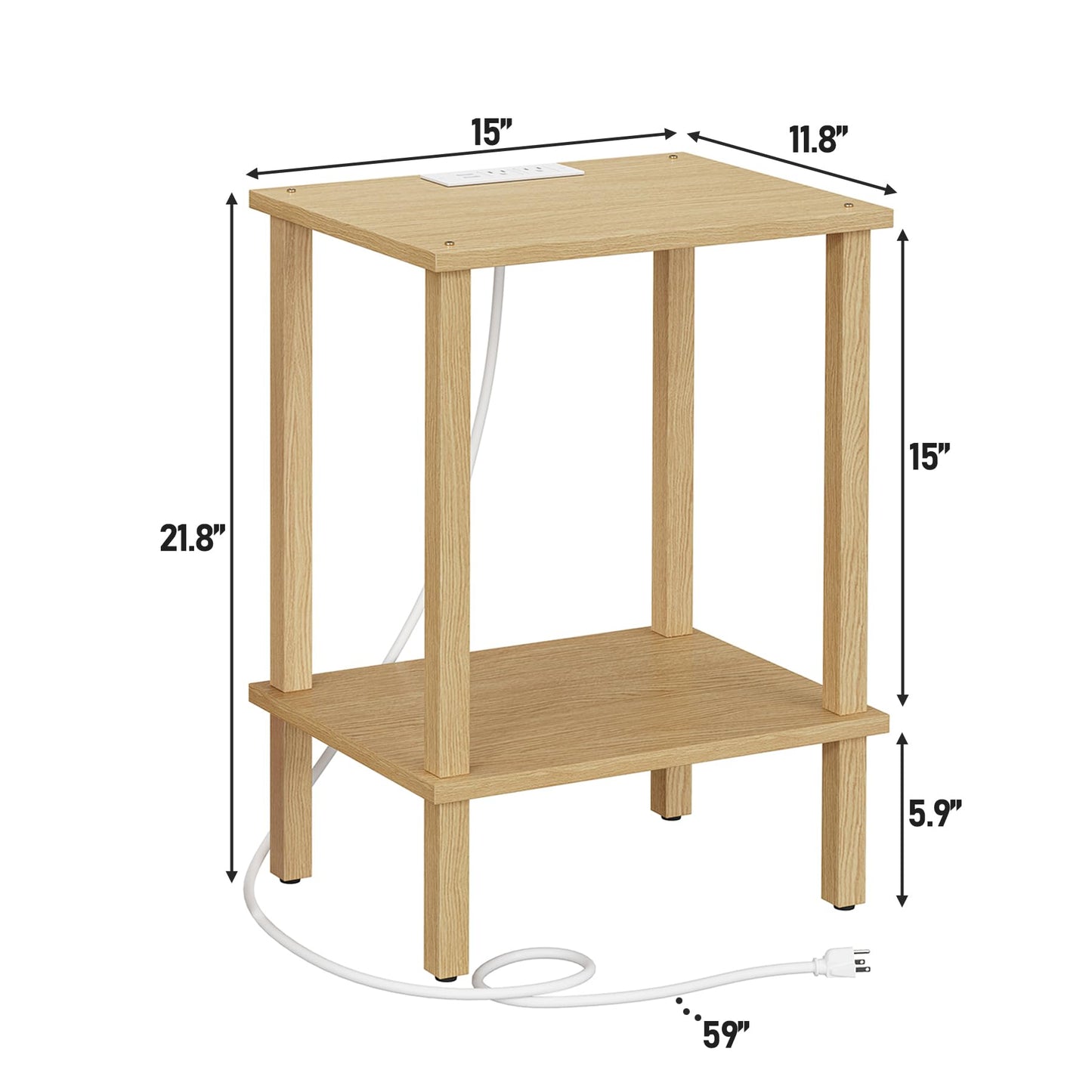 TUTOTAK End Table with Charging Station, Small Side Table with Outlets, Nightstand Bedside Table, 2-Tier Storage Shelf for Small Space, Living Room, Bedroom, Natural TB01BN040