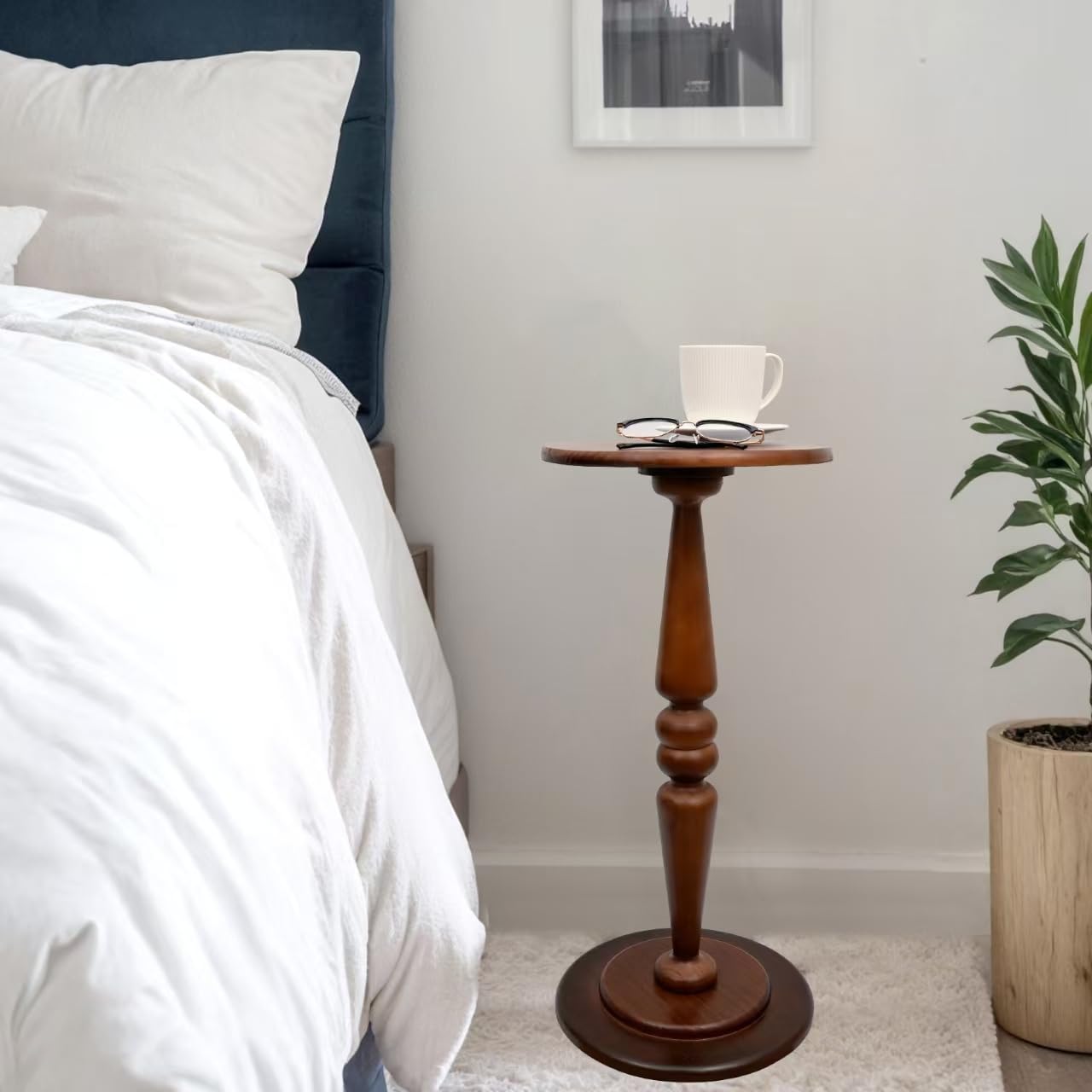 SwallowLiving Round Pedestal Side Table – Solid Pine Wood Drink Table for Small Spaces, 25" Tall Narrow End Table for Living Room & Bedroom, Vintage Brown Accent Furniture (12" Diameter)