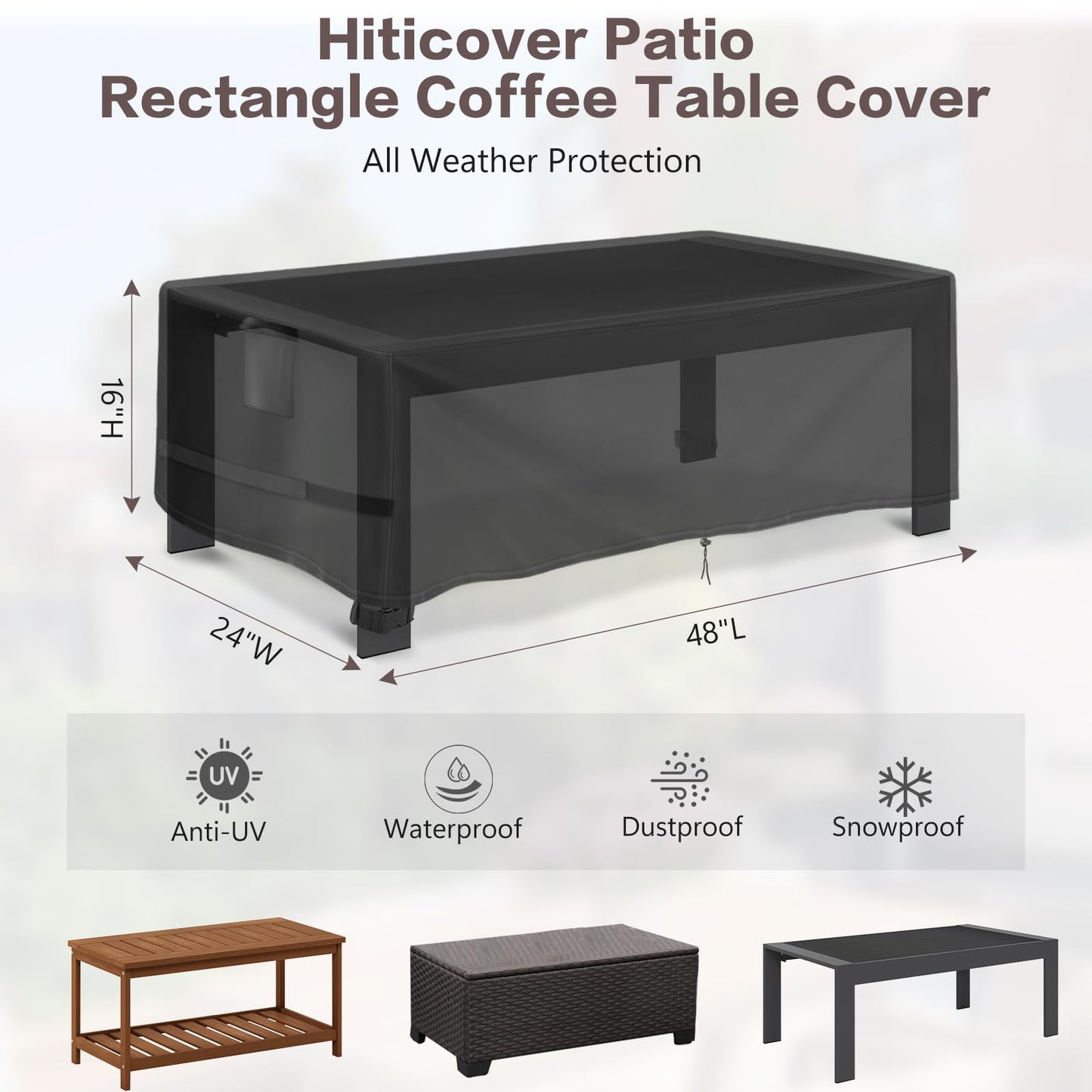 Hiticover Outdoor Coffee Table Cover Rectangle, 48 Inch Waterproof Patio Rectangular Coffee Table Cover, Outdoor Small Furniture Covers for Winter, Rainproof Fade Resistant - 48 x 24 x 16 Inch