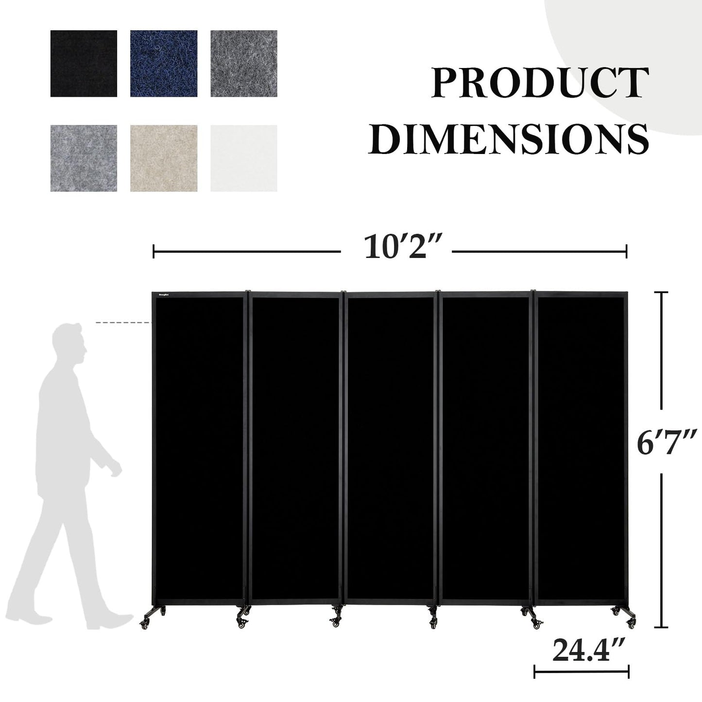 Upgrade Version Room Partition and Divider, Freestanding Rolling Dividers with Wheels,Office Privacy Screen Divider Wall,Classroom Felt Dividers,10'6"L* 6'7"H,5 Panel,Black