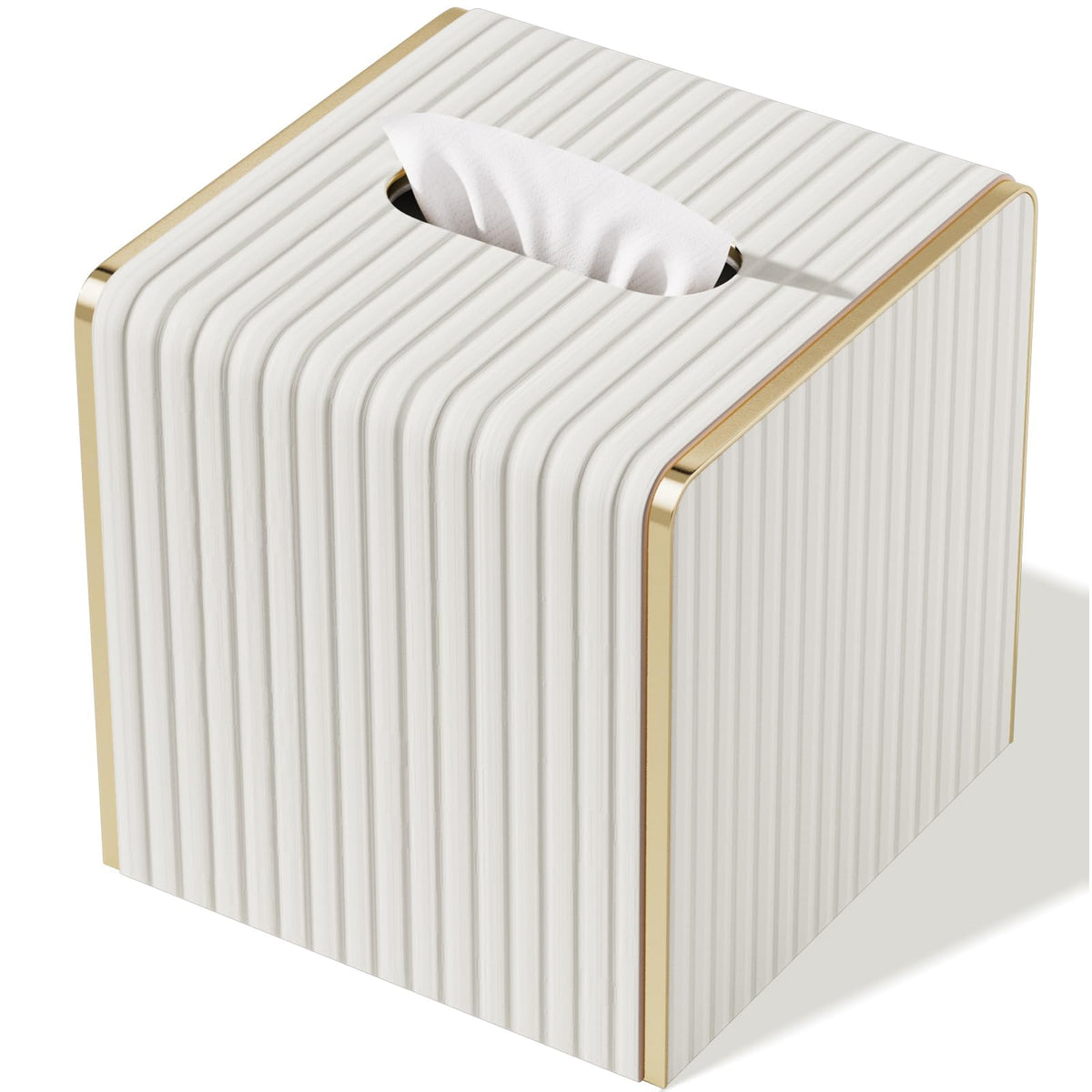 Tissue Box Cover,White Square Leather Tissue Box Holders with Gold-Tone Edging Decoration, Tissue Vessel for Bathroom Toilet Bedroom Living Room Table Desk Office,Modern Home Decor