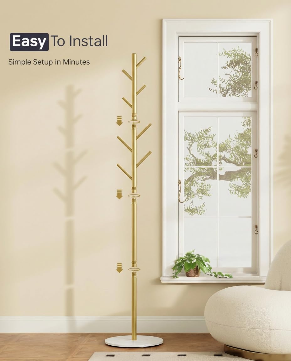 Tujurich Coat Rack with 8 Hooks, 3 Adjustable Heights, Modern Hall Tree, Sturdy Metal Clothes Stand with Sintered Stone Base for Entryway, Office, Bedroom, for Coats, Hats, Handbags and Scarves, Gold