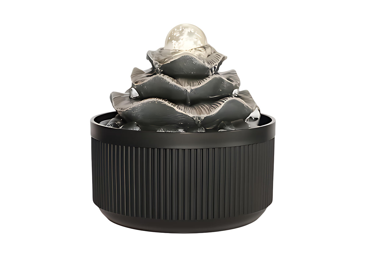 Indoor Tabletop Water Fountain - 3-Tier Lotus Leaf Design Waterfall with Warm Glowing LED & Rotating Ball, Zen Home Decor for Living Room Bedroom, Unique Housewarming Gift Idea