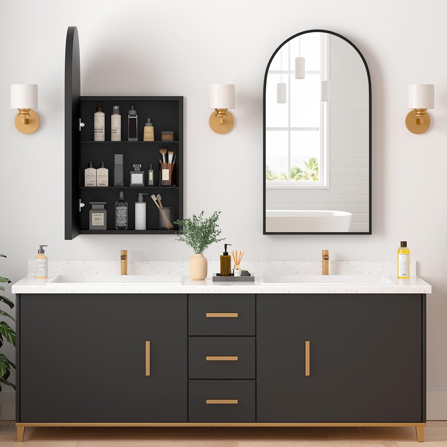 YTSMIR Medicine Cabinets for Bathroom, Black Arched Medicine Cabinet Recessed or Surface Wall-Mounted,Modern Bathroom Vanity Mirror with Storage, Mirrored Cabinet with Adjustable Shelves,16x31 Inch