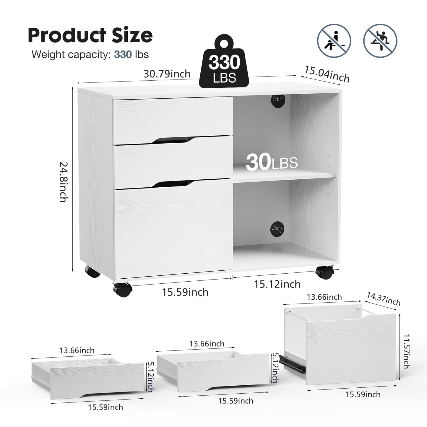 DUMOS Rolling File Cabinet with 3 Drawers, Wood Under Desk Printer Stand with Wheels and Adjustable Shelves, Lateral Filing Cabinet for Home Office, Small Space Storage Organizer, White