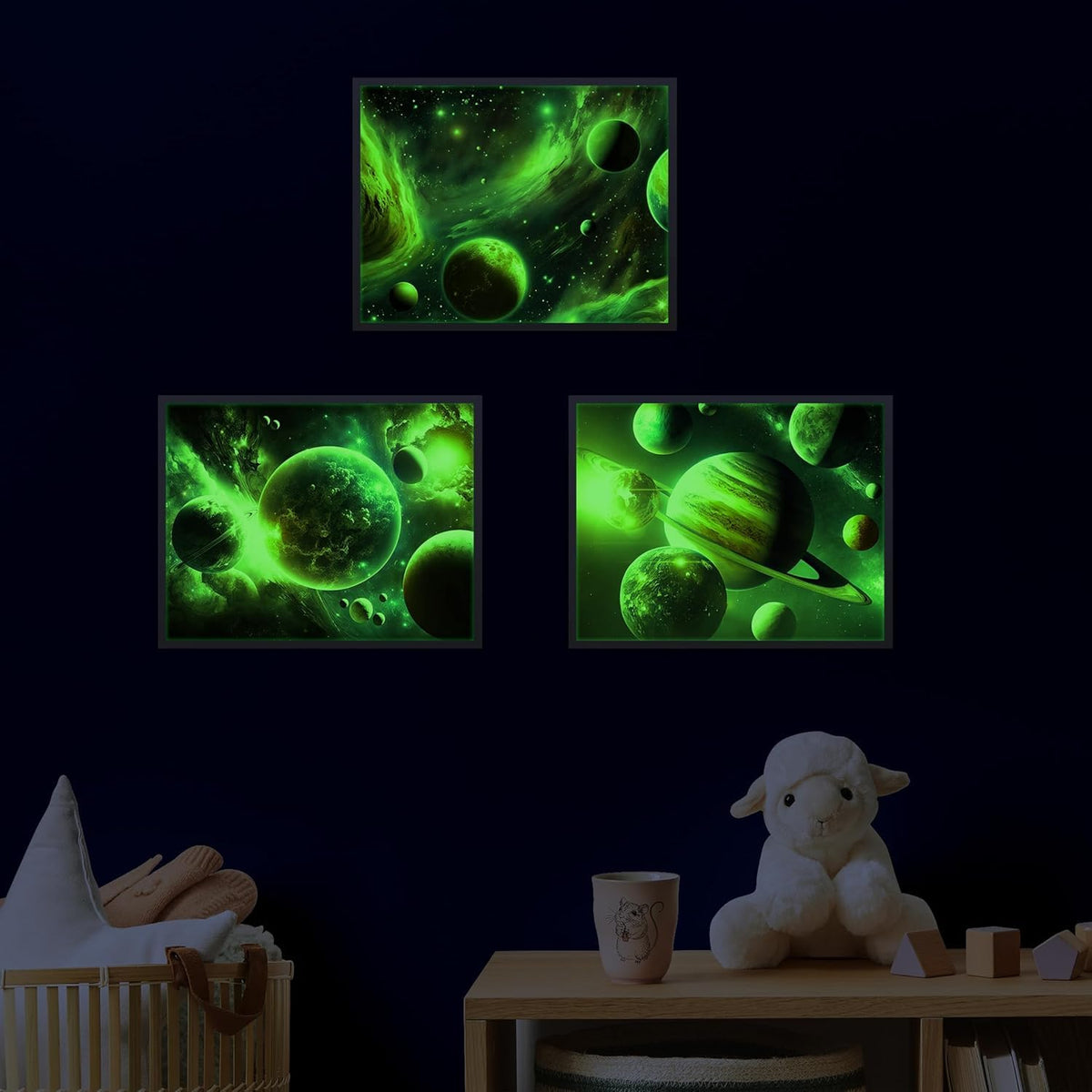 Quanhaigou Glow in The Dark 3D Space Wall Decals, Set of 3 Galaxy Window Stickers for Wall,Planet Themed Room Decor for Kids Boys (Galaxy Glow Green)