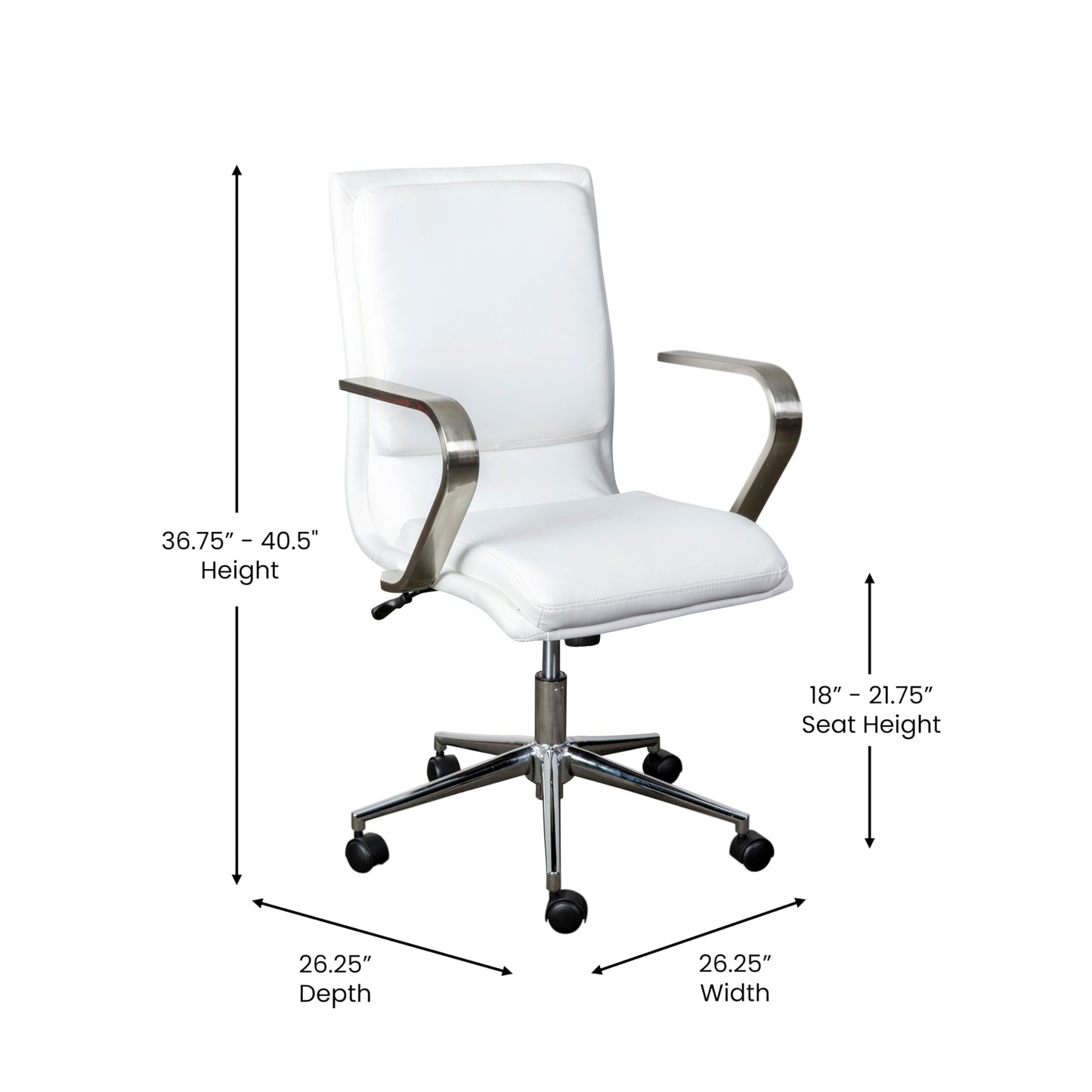 Flash Furniture James Mid-Back Designer Executive Office Chair - White LeatherSoft Upholstery - Brushed Chrome Base and Arms - Height Adjustable 360° Swivel Seat