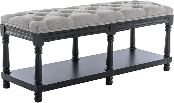 Farmhouse Storage Bench Wooden Entryway Linen Upholstered Ottoman Button Tufted