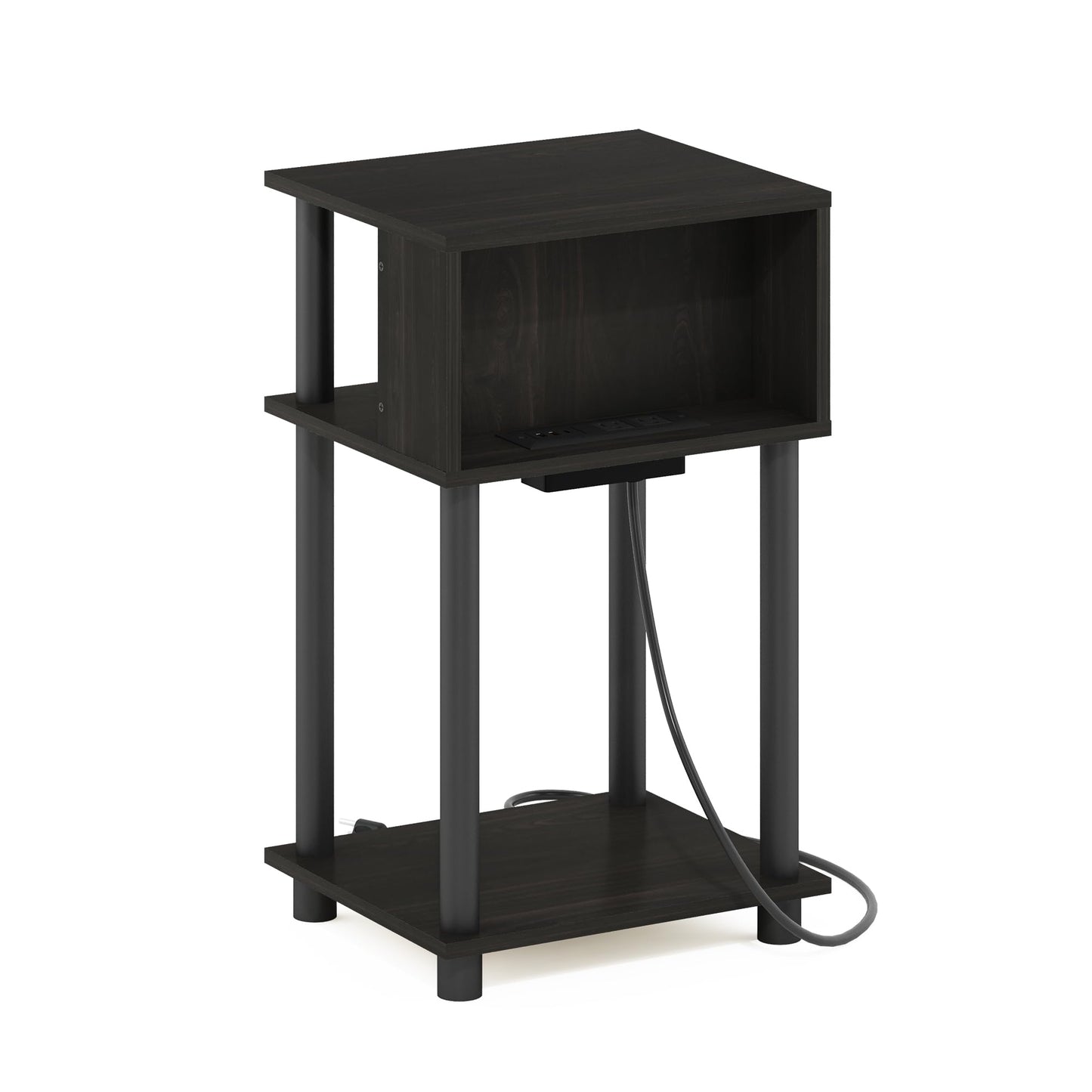 Furinno Just 3-Tier Turn-N-Tube Open Storage End Table with USB and Type-C Charging Port, 11.42 (W) x 9.92 (H) x 6.91 (D) inches, Espresso/Black