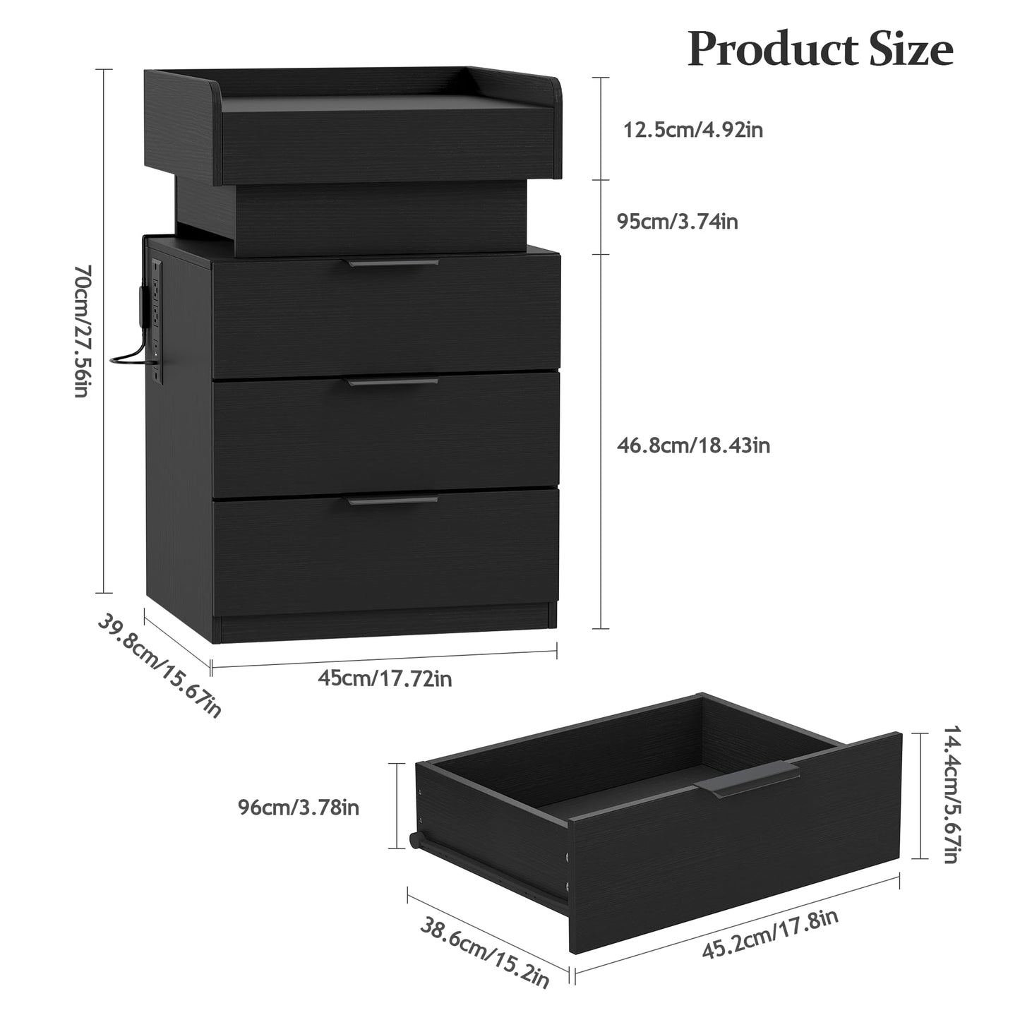 Turosur Night Stand with Gun Drawer, LED Nightstand with Charging Station, Wood Bedside Table with Hidden Storage and 3 Drawers for Bedroom, Modern Black