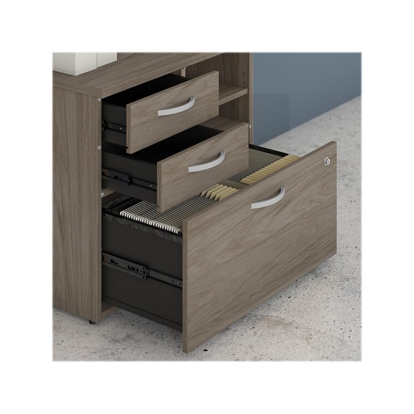 Bush Business Furniture Studio C Office Storage Cabinet with Drawers and Shelves in Modern Hickory, Organization for Home or Professional Workspace