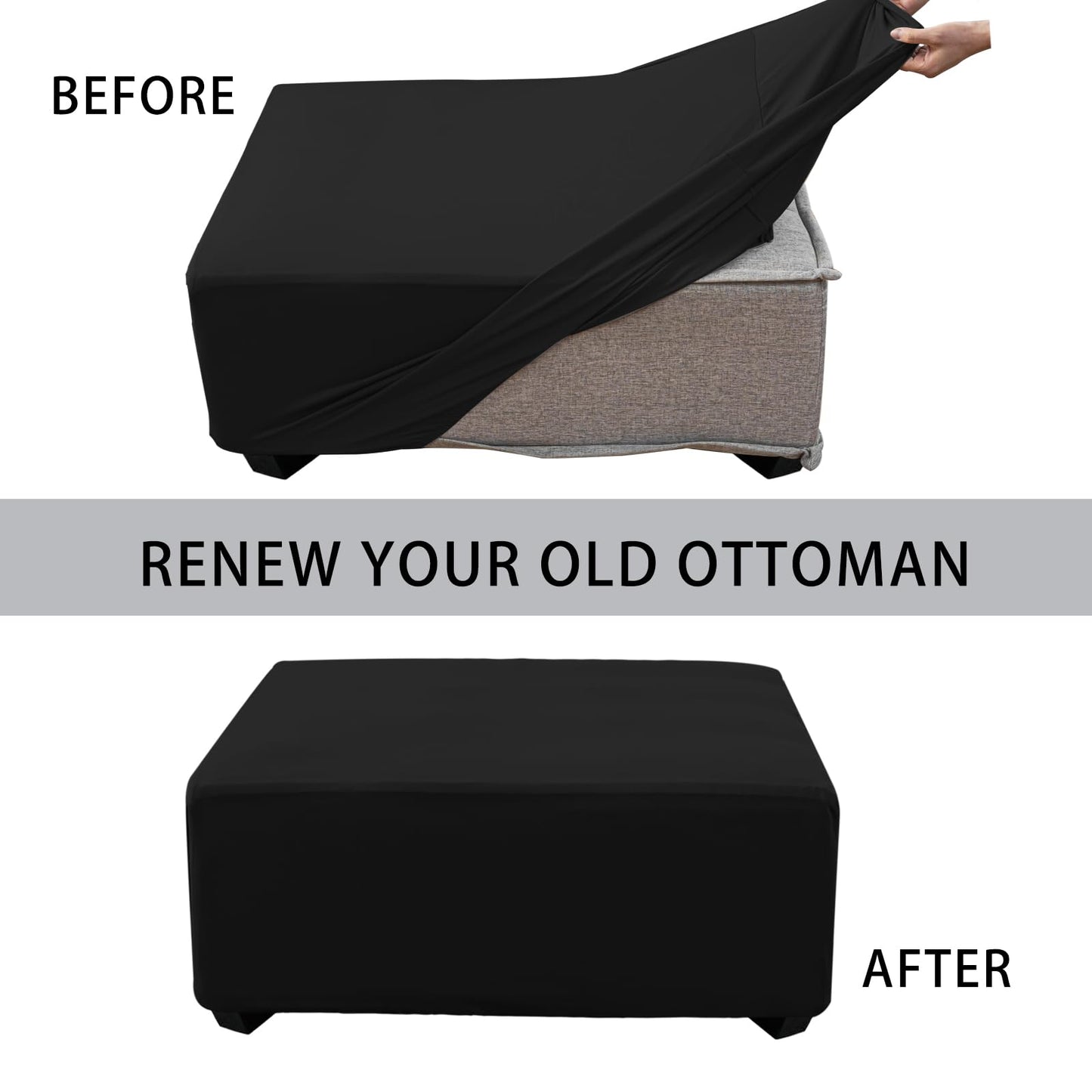 UOIJAY Super Stretch Ottoman Cover- Soft Form Fit Ottoman Cover Rectangular Ottoman Slipcovers for Folding Storage Furniture, Footstool Cover with Nonslip Elastic Bottom (Large, Black)