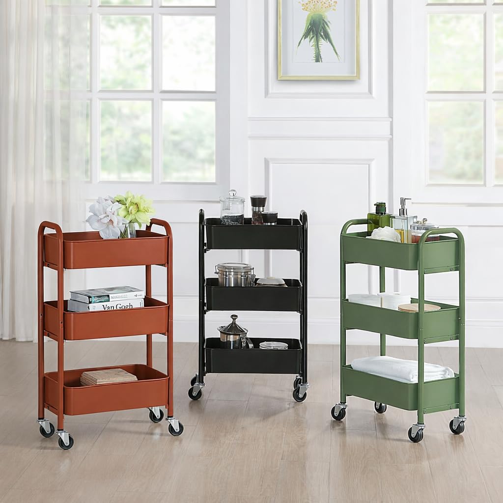 SunnyPoint 3-Tier Delicate Compact Rolling Metal Storage Organizer - Mobile Utility Cart Kitchen/Under Desk Cart with Caster Wheels (RED, 15.35" X 10.24" X 26.8"H)