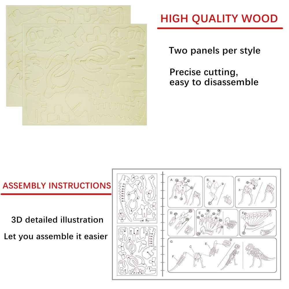3D Wooden Crafts Puzzle - 3 Piece Set Wood Dinosaur Skeleton Model Puzzle,Wooden Assembly 3D Puzzle Toys,STEM DIY Brain Teaser Puzzle