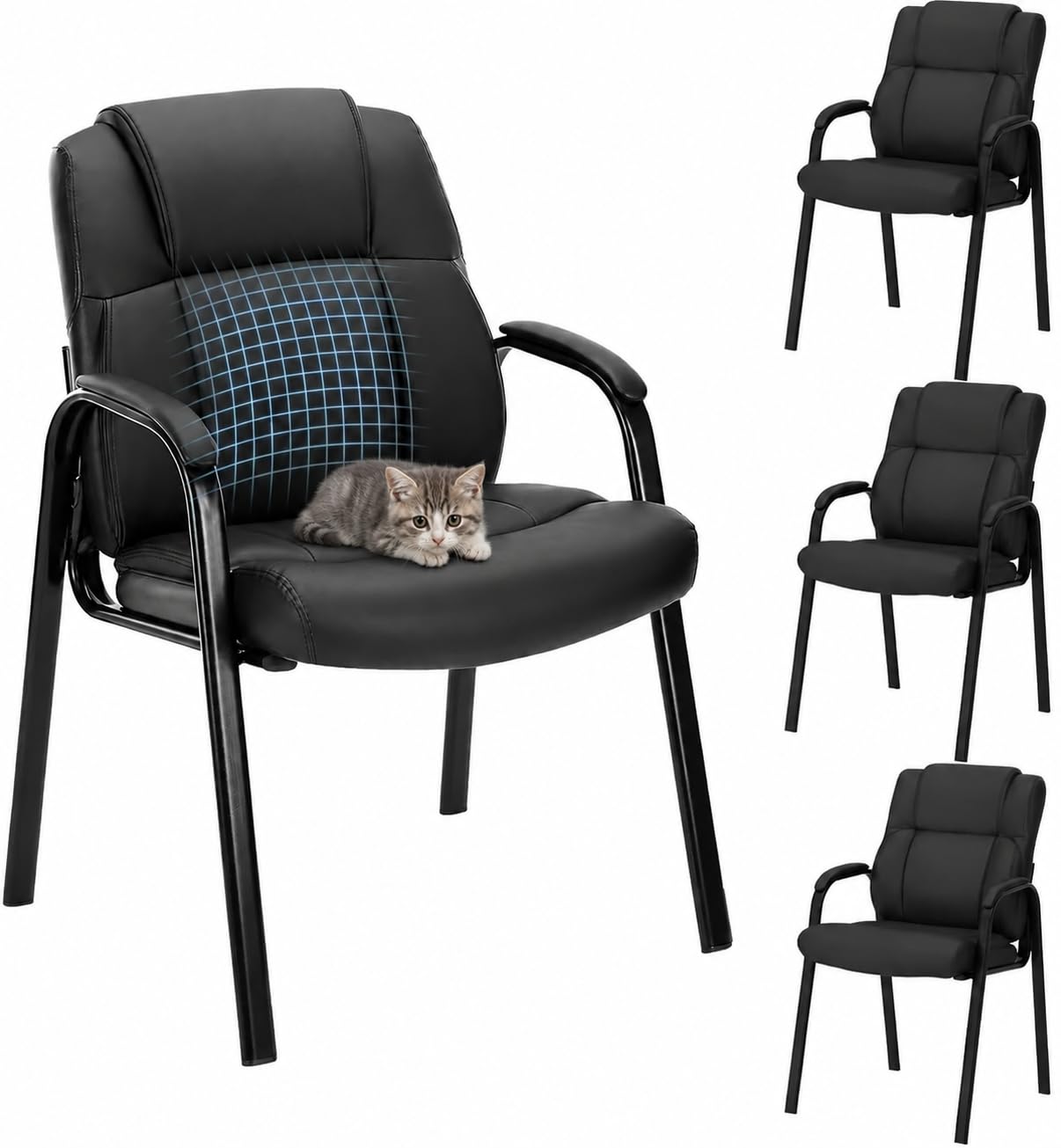 Kindbear PU Leather Waiting Room Chair Set of 4, Office Guest Reception Seating with Padded Arms, Stationary Conference Table Chair for Lobby Clinic Home Desk Bedroom,Black