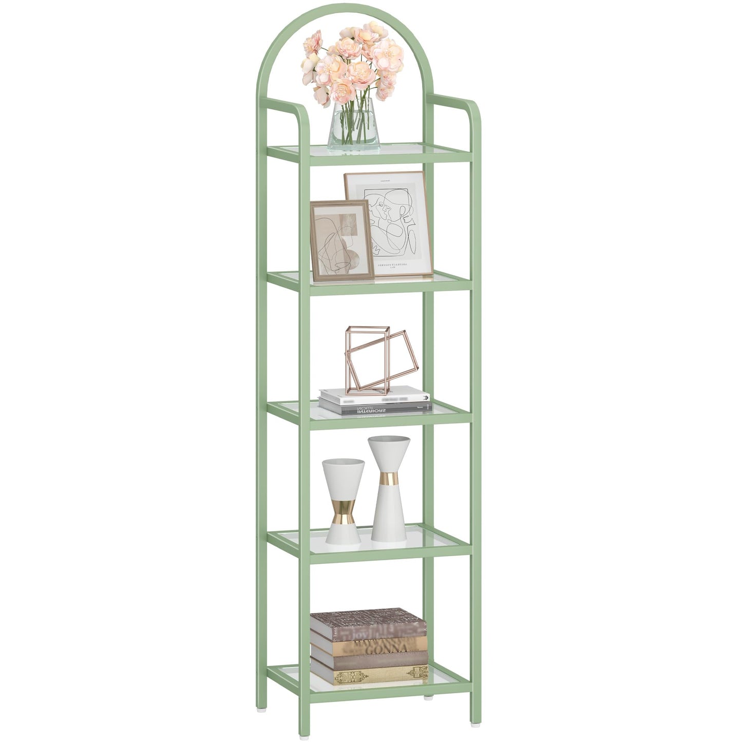 Hzuaneri Bookcase Bookshelf, Tempered Glass Bookshelves, Slim Shelving Unit for Bedroom, Bathroom, Home Office, Steel Frame, 5 Tier Green BC05099C