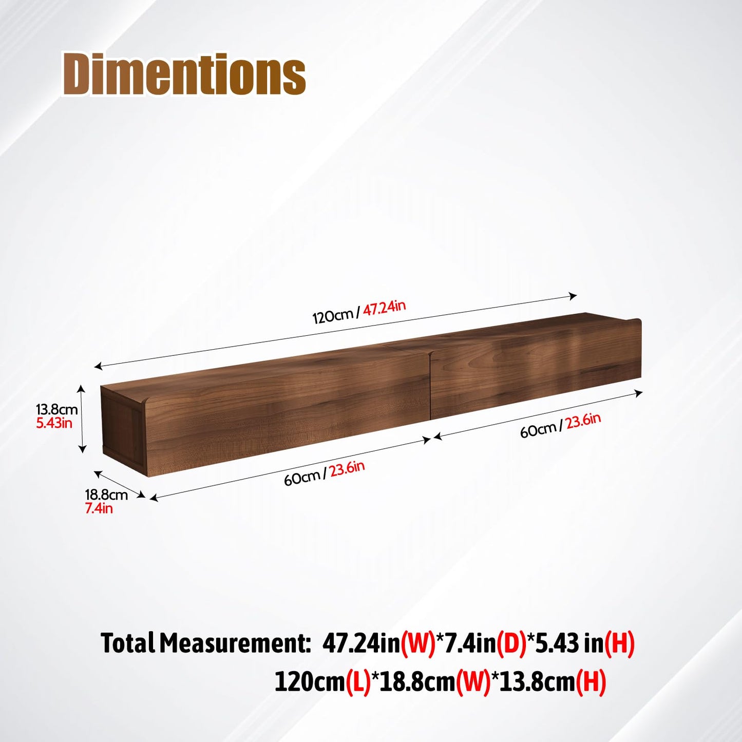 TuckTect Floating Solid Wood Console Table, 47'' Wall Mounted Narrow Entryway Table with Storage Shelf, Modern Couch Shelves Small Entry Way Tables for Entryway, Front Hall, Hallway (Walnut, 47.24IN)