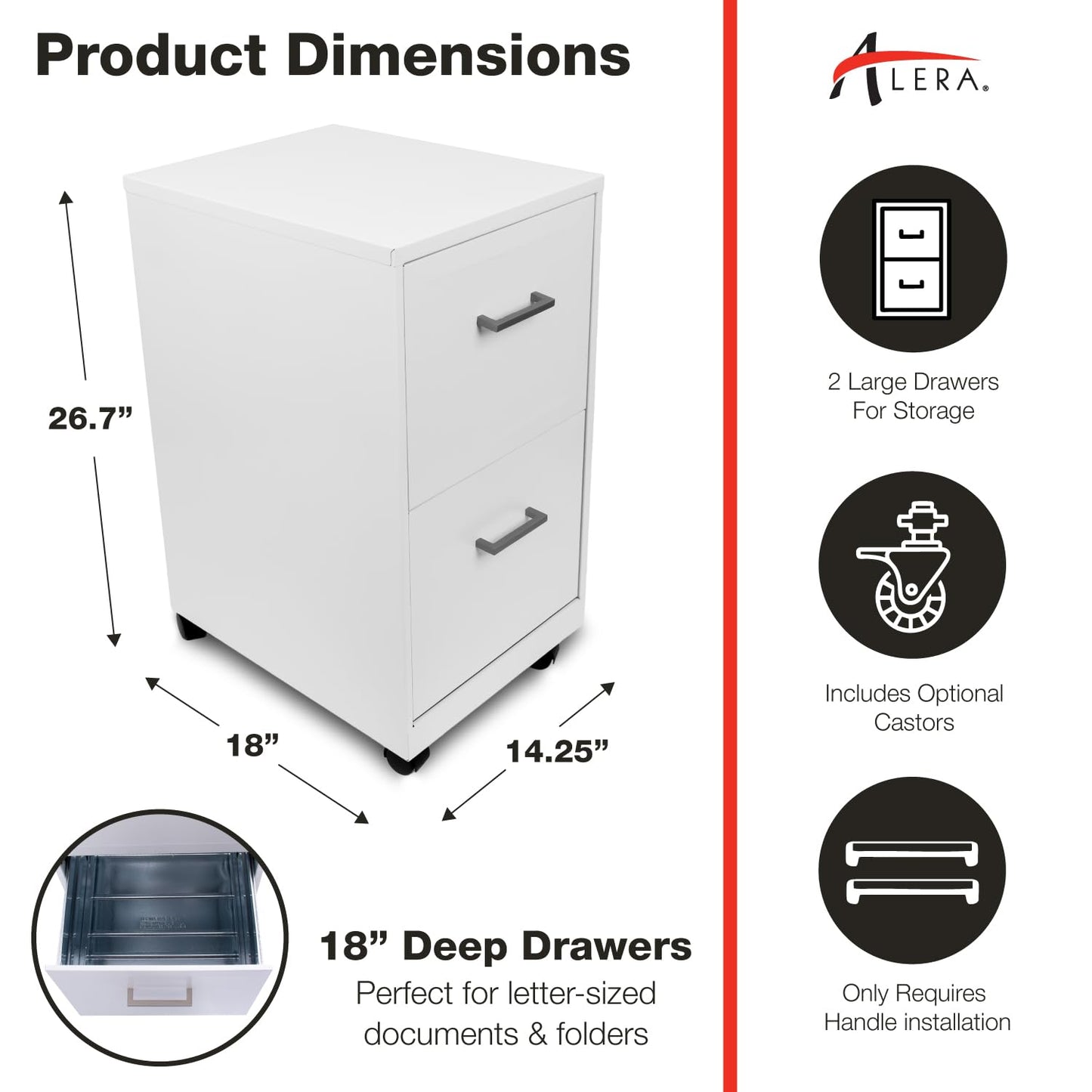 Alera SOHO-Grade 2-Drawer Vertical Filing Cabinet for Home and Office Use | Durable Steel Construction | Includes Casters for Mobility | 14.25" W x 18" D x 26.7" H | White