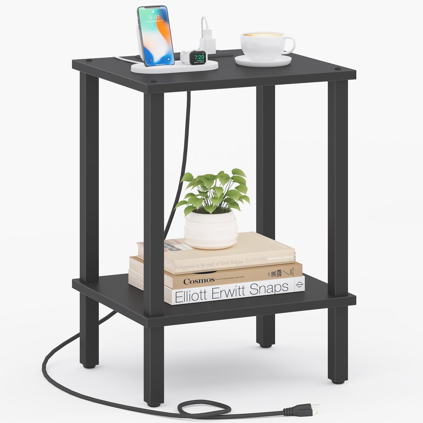 TUTOTAK End Table with Charging Station, Side Table with USB Ports and Outlets, Nightstand, 2-Tier Storage Shelf, Sofa Table for Small Space TB01BK040