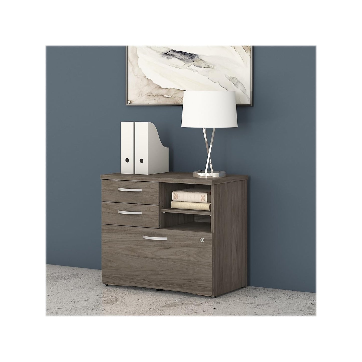 Bush Business Furniture Studio C Office Storage Cabinet with Drawers and Shelves in Modern Hickory, Organization for Home or Professional Workspace
