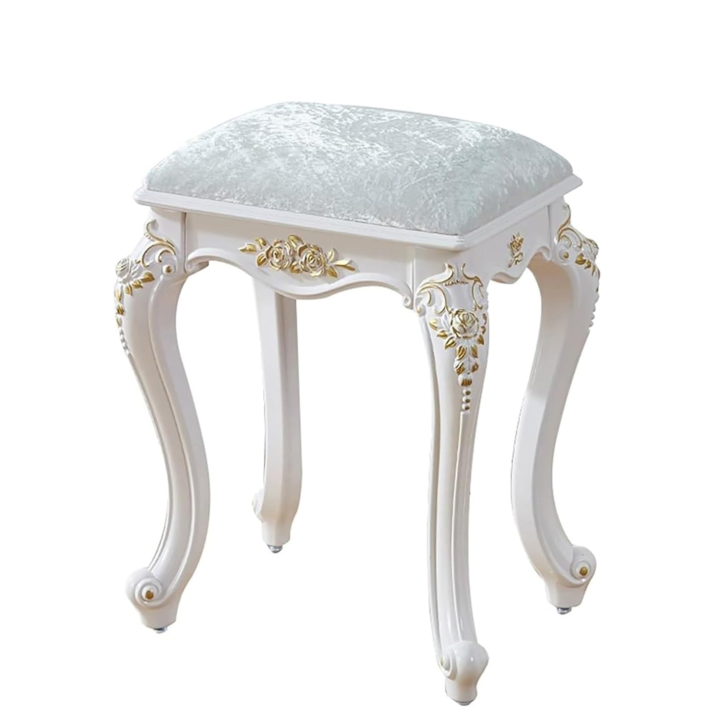 Lebolna Vintage Vanity Stool, Rectangular & Round Makeup Stool, Silver Velvet, 17 Inch Sitting Height