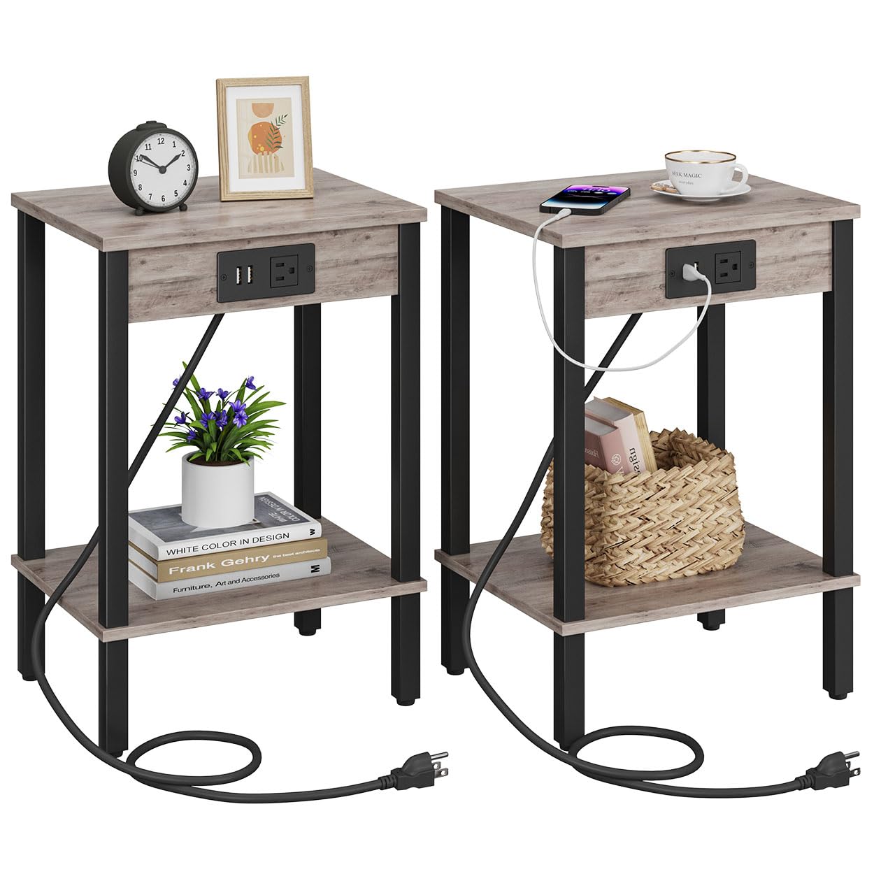 VIMBER Side Table with Charging Station, Set of 2 End Tables with USB Port and Outlets, Nightstands with 2-Tier Storage Shelves, Sofa Table for Small Space, Living Room, Bedroom, Greige